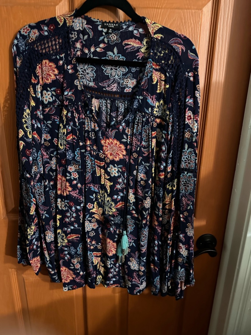 Hannah Navy Floral Peasant Top with Crochet Shoulders